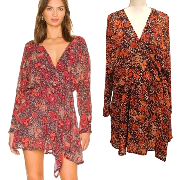 Free People Teegan Floral Faux Wrap Long Sleeve Tie Waist Boho Mini Large Dress - Picture 1 of 13
